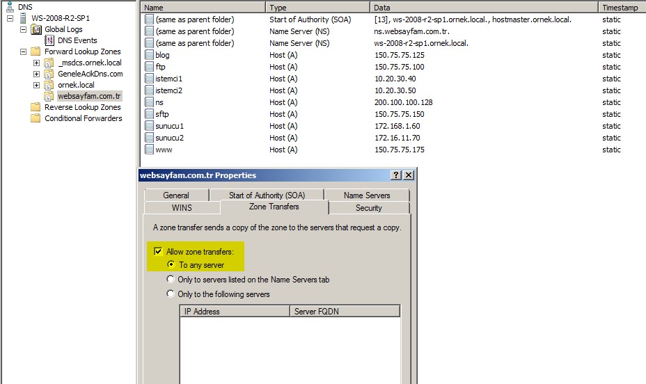 Şekil - 09: Microsoft DNS Sunucuda Bölge Transferinin Yapılandırılması