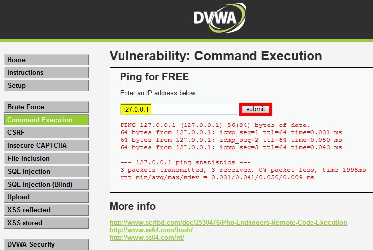 Execute command c. DVWA. OWASP ASVS V.4.0.